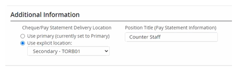 Screen showing drop-down menu for selecting employee cheque/pay statement delivery location