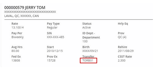 The Preview - Employee Details screen with the Transfer field in lower left side highlighted