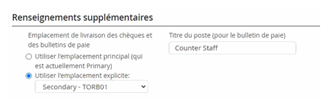 Page affichant le menu déroulant servant à choisir l'emplacement de livraison des chèques et des bulletins de paie