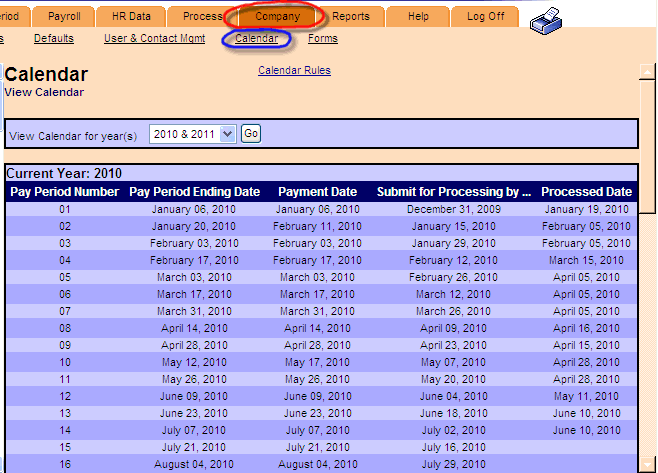 Calendar page. Company tab circled, arrow to Calendar link.