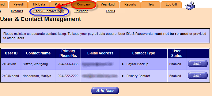 User Contact Info page. Company tab circled, arrow to User Contact Info link.