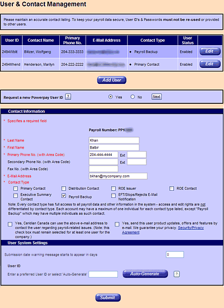 User and Contact Management screen.