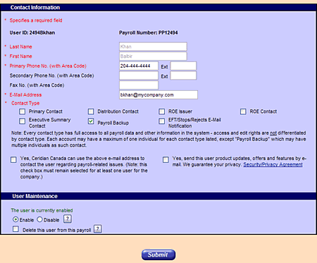 User and Contact Management screen.