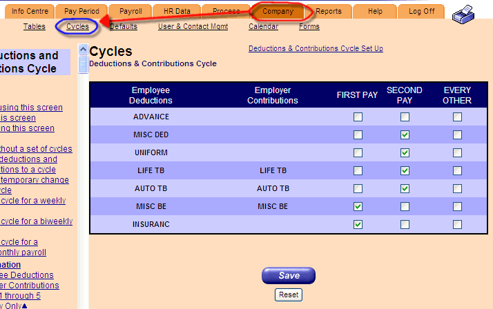 Cycles page. Company tab circled, arrow to Cycles link.