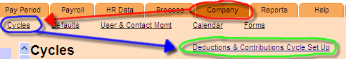 Deductions and Contributions Cycle Set Up screen - top.
