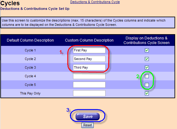 Deductions & Contributions Cycle Set Up screen - body.