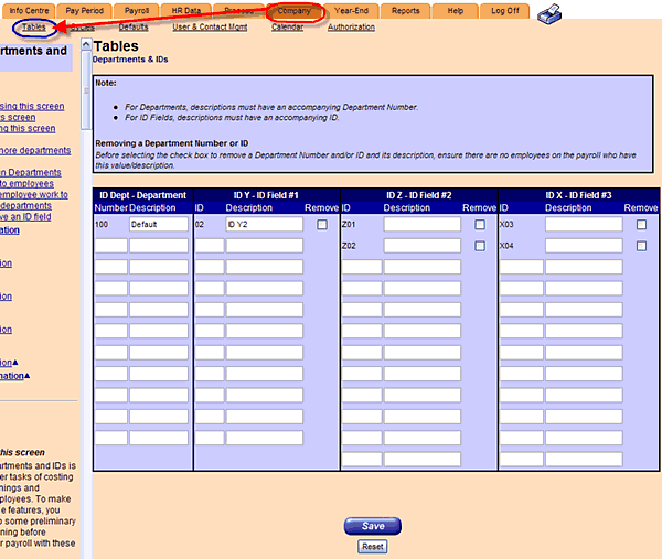 Departments and IDs page. Company tab circled, arrow to Tables link.
