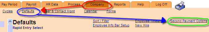 Second Payment Options page. Company tab circled, arrow to Defaults link, arrow to Second Payment Options sub-link.