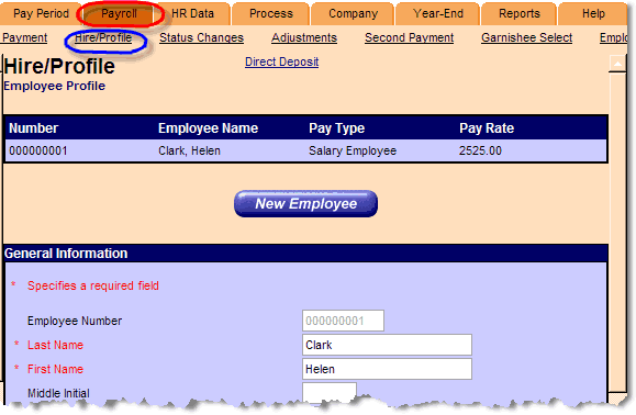 Payroll tab circled; Hire/Profile link circled.  Hire/Profile: Employee Profile screen.