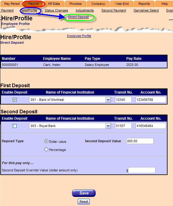 Direct Deposit page. Payroll tab circled; Hire/Profile link circled; arrow to Direct Deposit sub-link.