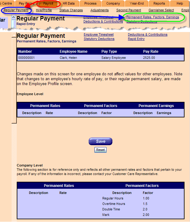 Permanent Rates, Factors, and/or Earnings. Payroll tab circled; arrow to Regular Payment link; arrow to Perm. Rates, Factors, Earnings sub-link.