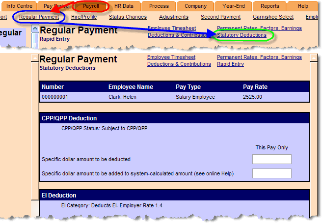 Special Tax Considerations. Payroll tab circled; arrow to Regular Payment link; arrow to Statutory Deductions sub-link.
