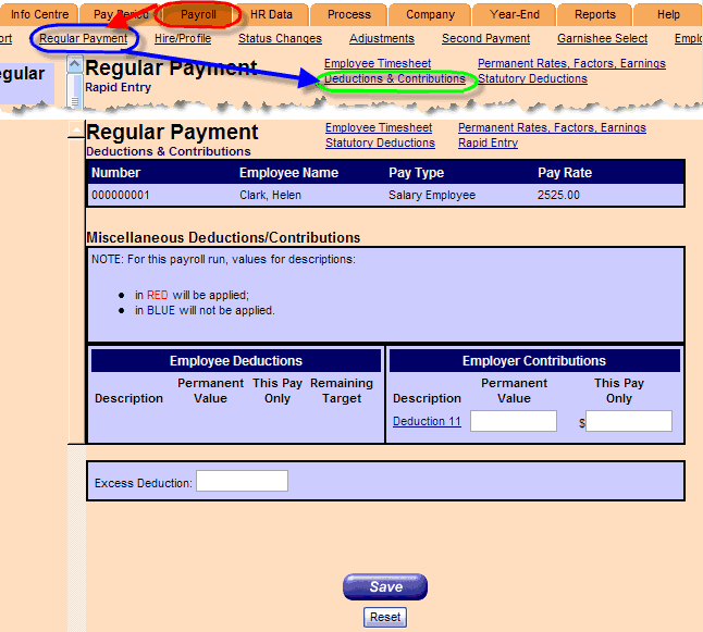 Deductions and Contributions. Payroll tab circled; arrow to Regular Payment link; arrow to Deductions and Contributions sub-link.