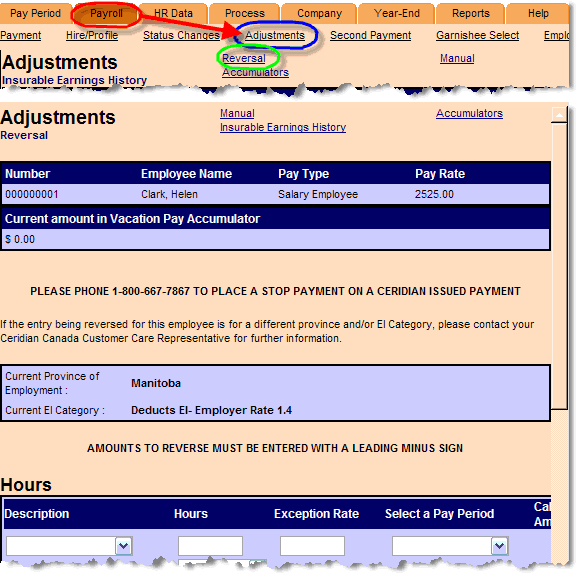 Reversal. Payroll tab circled; arrow to Adjustments link; Reversal sub-link circled.