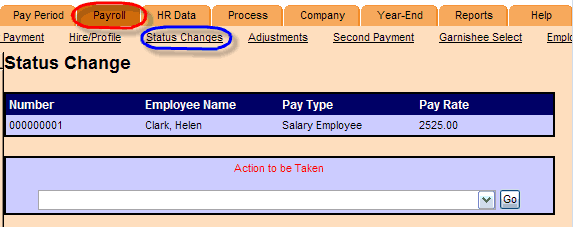 Status Changes. Payroll tab circled; Status Changes link circled.