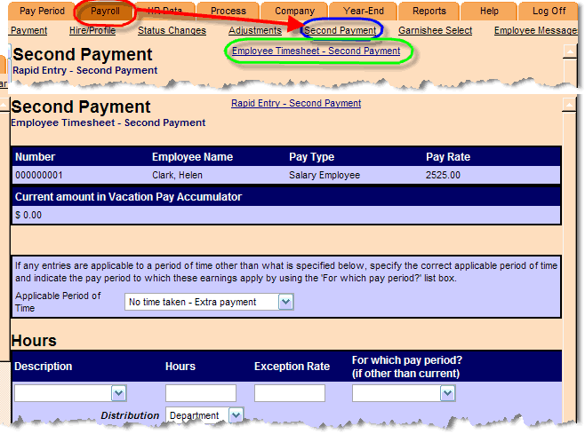 Second Payment. Payroll tab circled; arrow to Second Payment link; Employee Timesheet - Second Payment sub-link circled.
