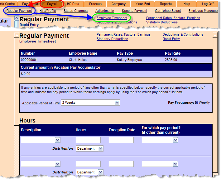 Regular Payment. Payroll tab circled; arrow to Regular Payment link; arrow to Employee Timesheet.