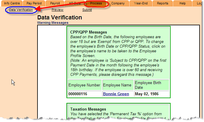 Data Verification. Process tab circled; arrow to Data Verification link.