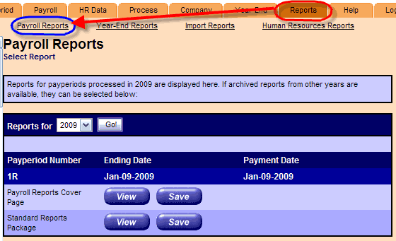 Payroll Reports. Reports tab circled; arrow to Payroll Reports link.