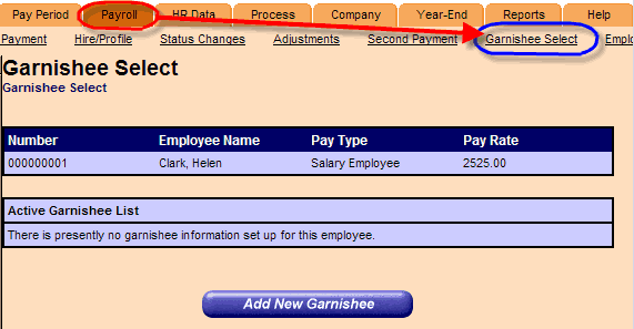 Garnishee. Payroll tab circled; arrow to Garnishee Select link.