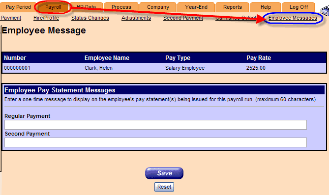 Employee Messages. Payroll tab circled; arrow to Employee Messages link.