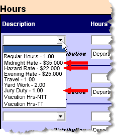 dropdown menu under Description in Hours section of Employee Timesheet screen.
