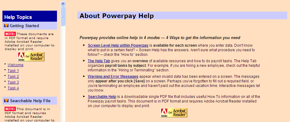 Main Help screen