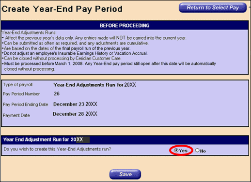 Create Year-End Pay Period screen